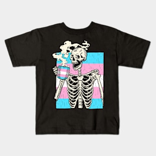 Skeleton Drinking Coffee LGBT-Q Transgender Pride Trans Kids T-Shirt